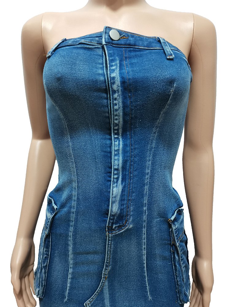 Fashion Sexy Sleeveless Bodycon One Piece Jean Skirts Vest Mini Washed Denim Pocket Cargo Dress Women'S Skirts Casual Dresses