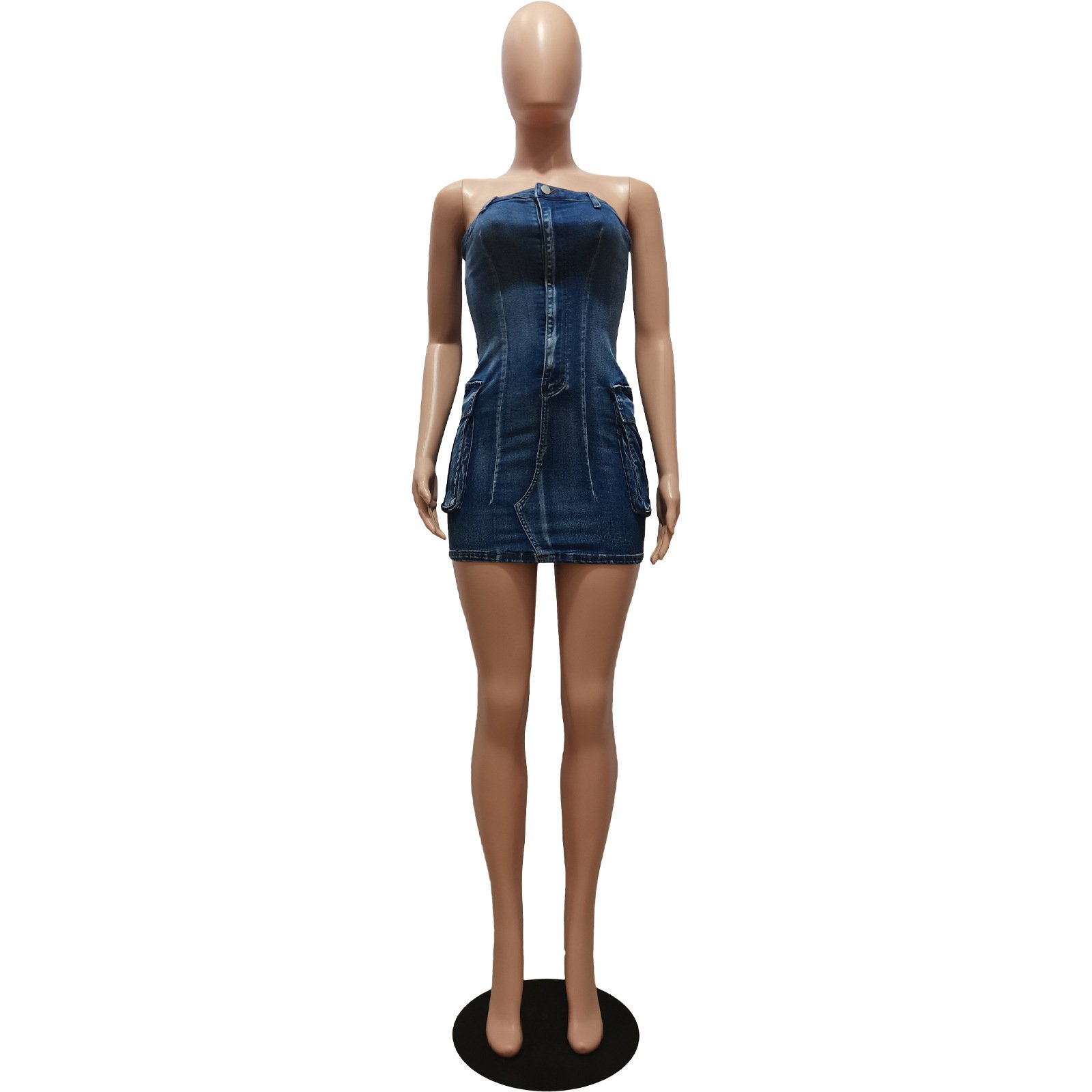 Fashion Sexy Sleeveless Bodycon One Piece Jean Skirts Vest Mini Washed Denim Pocket Cargo Dress Women'S Skirts Casual Dresses