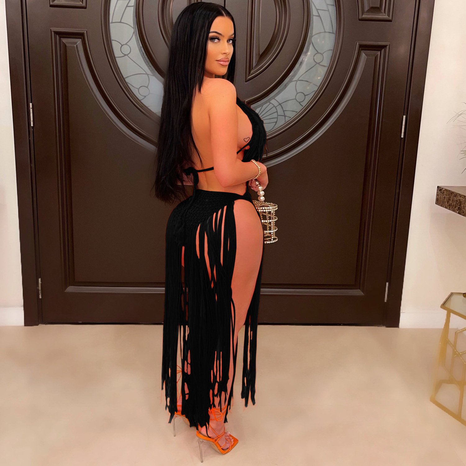 Liu Ming Sexy Backless Women Tassel Knitted Crochet Party Night Beach Fringe Maxi Dress