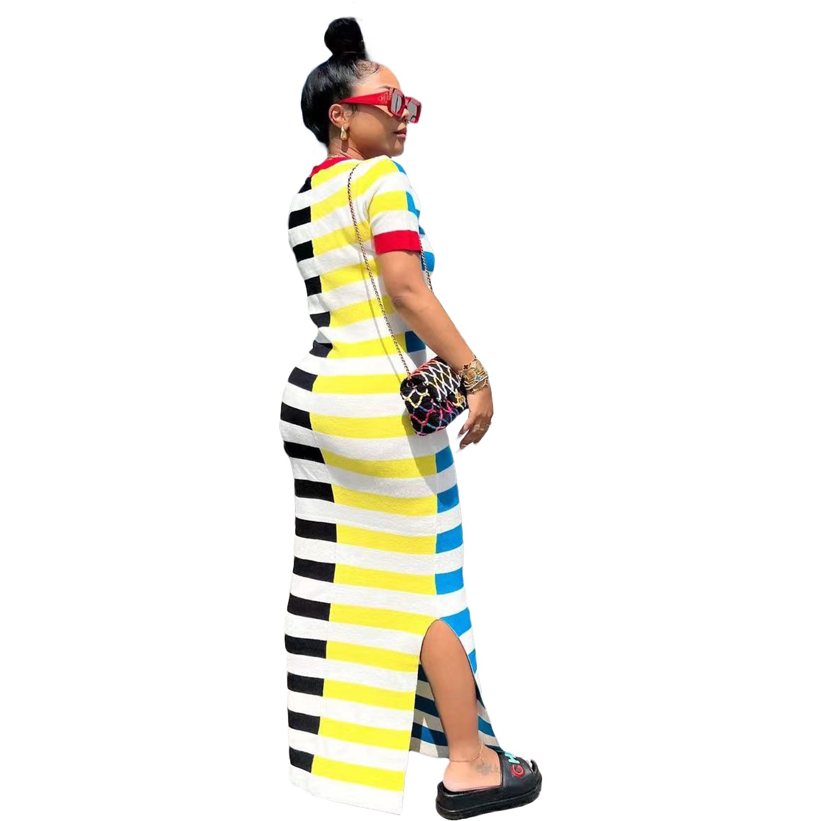 New Clothing Short Sleeve Pullover Long Dress Slim Hip Wrap Contrast Color Casual Dresses Women