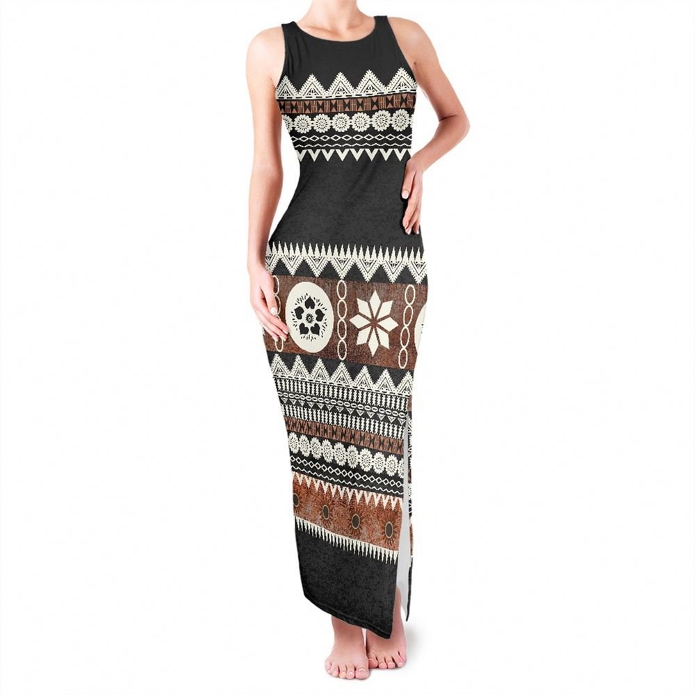 Polynesian Tribal Clothing Black Tapa Masi Cloth Flower Print Custom Dresses Women Lady Elegant Latest Dress Designs Pictures