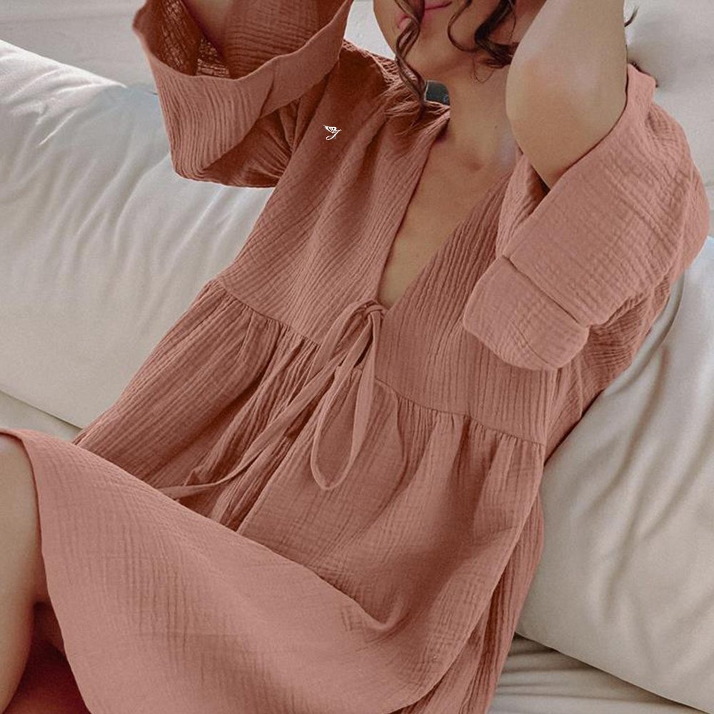 SMO Womens Casual Dress Cotton Polyester Loose Long Sleeve V Neck Belted Cotton Linen Women Sleepwear Mini Dress