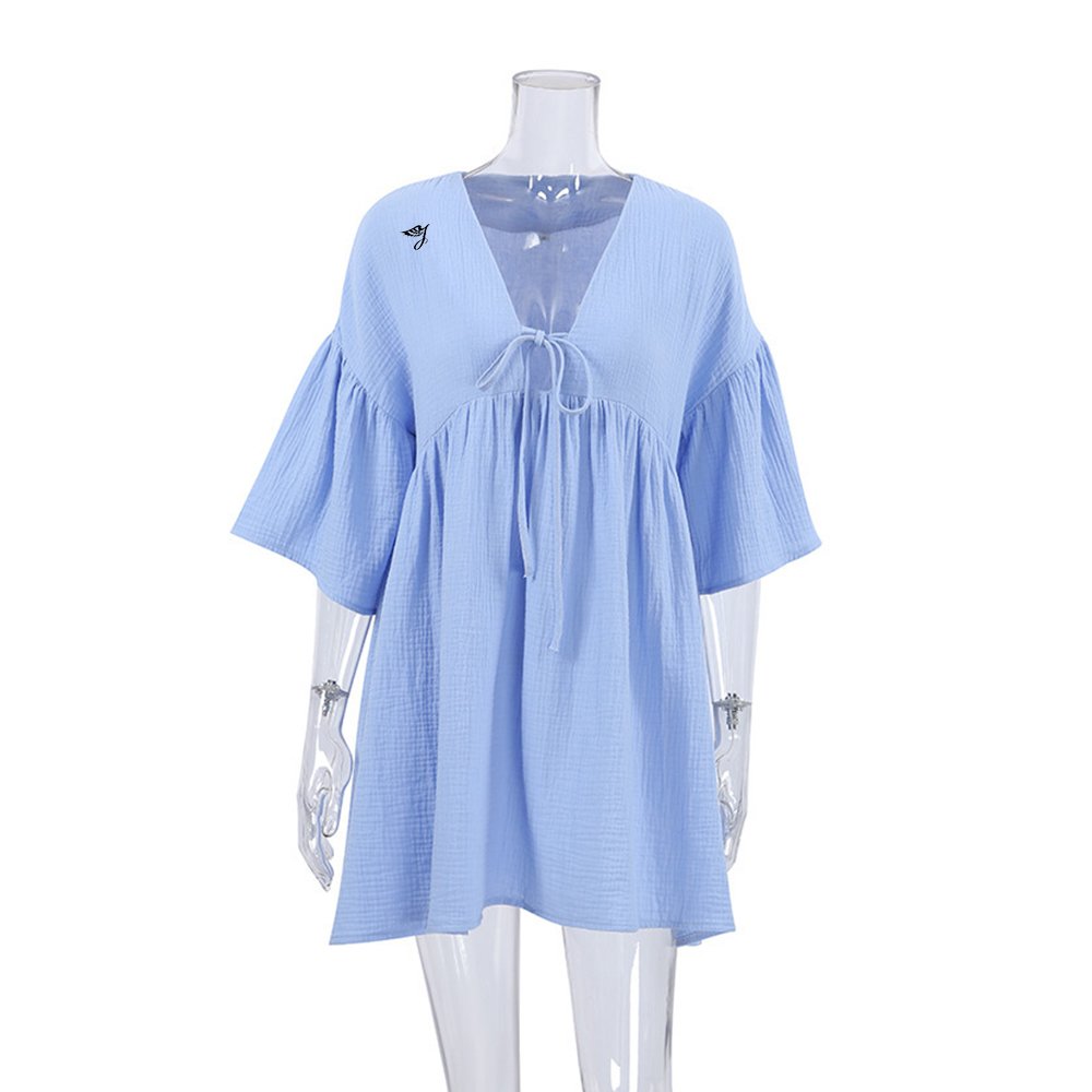 SMO Womens Casual Dress Cotton Polyester Loose Long Sleeve V Neck Belted Cotton Linen Women Sleepwear Mini Dress