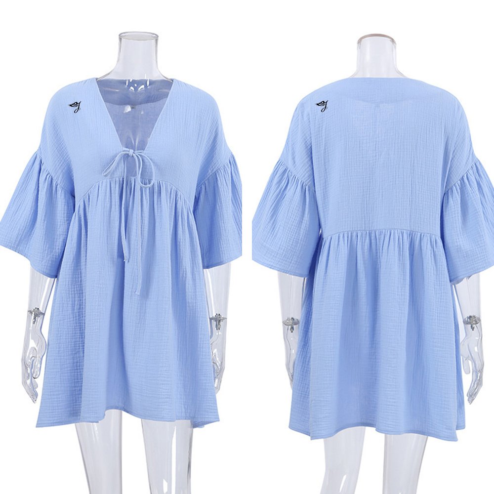 SMO Womens Casual Dress Cotton Polyester Loose Long Sleeve V Neck Belted Cotton Linen Women Sleepwear Mini Dress