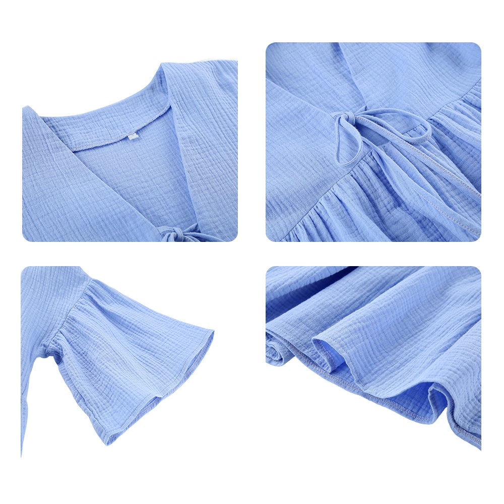SMO Womens Casual Dress Cotton Polyester Loose Long Sleeve V Neck Belted Cotton Linen Women Sleepwear Mini Dress