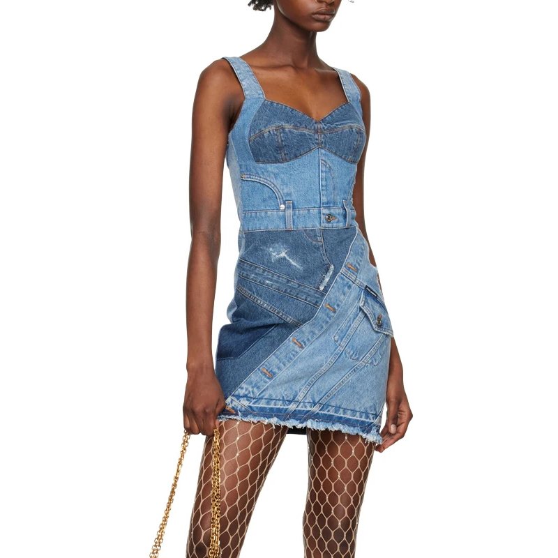 Blue Sling Dress OEM two-color splicing hemline washed raw edge design fashion casual denim dress for women