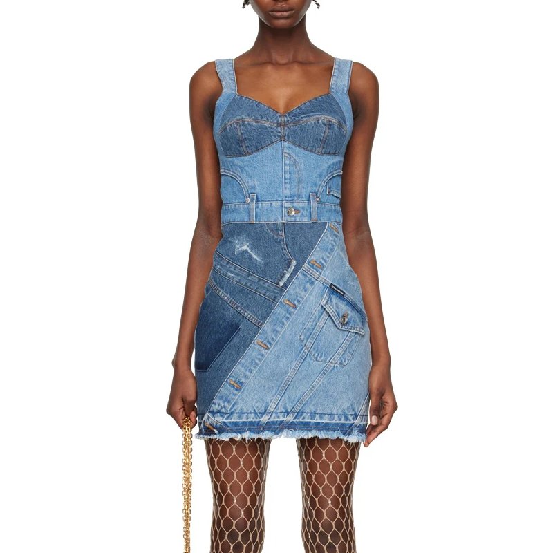 Blue Sling Dress OEM two-color splicing hemline washed raw edge design fashion casual denim dress for women