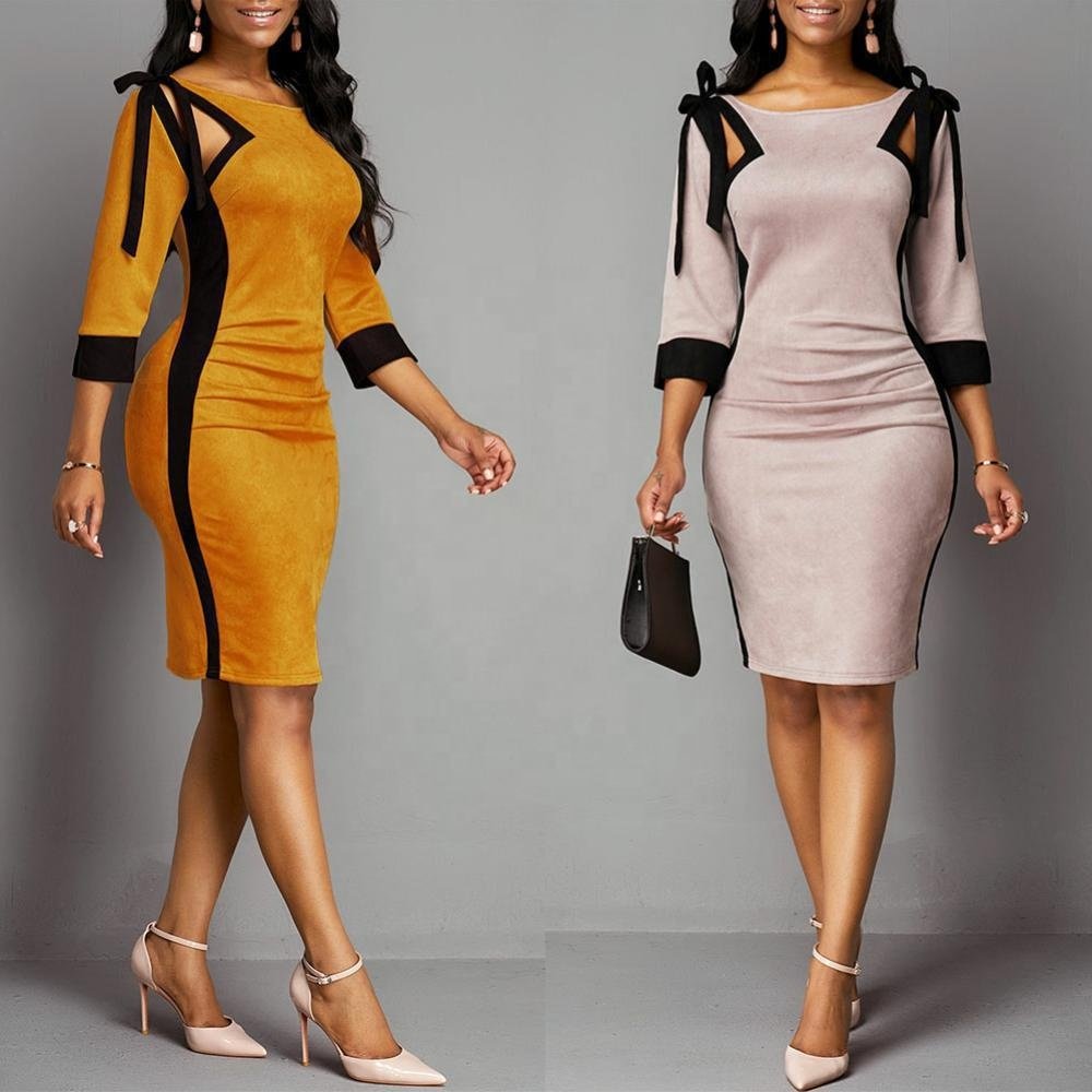 YT Fall Clothes Professional Bag Hip Pencil Dresses Casual Three Quarter Sleeves Round Neck Hollow Commuter Women Vintage Autumn