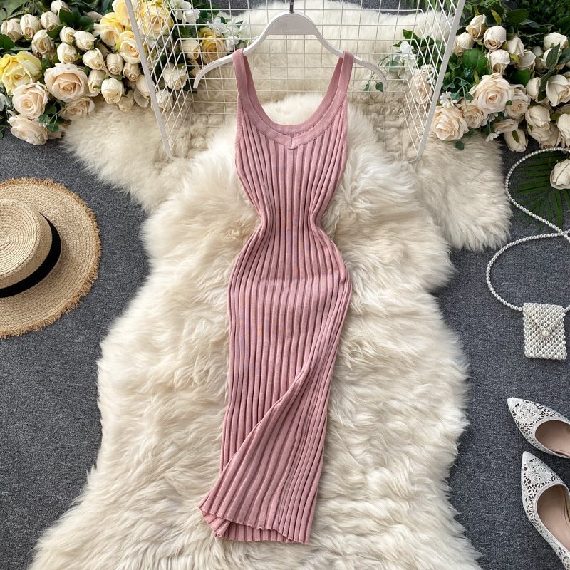 OEM Women Sweater Dresses Summer Spaghetti Strap Backless O Neck Back Split Knitted Midi Dresses Women