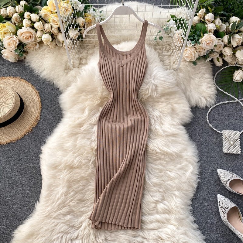 OEM Women Sweater Dresses Summer Spaghetti Strap Backless O Neck Back Split Knitted Midi Dresses Women