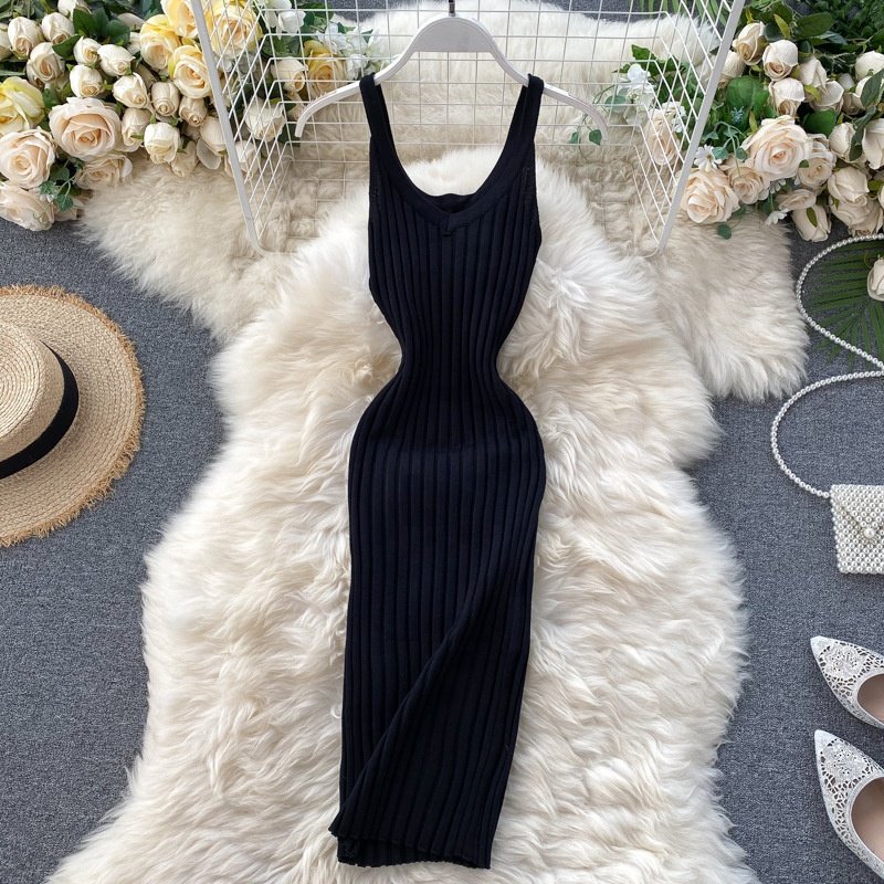 OEM Women Sweater Dresses Summer Spaghetti Strap Backless O Neck Back Split Knitted Midi Dresses Women
