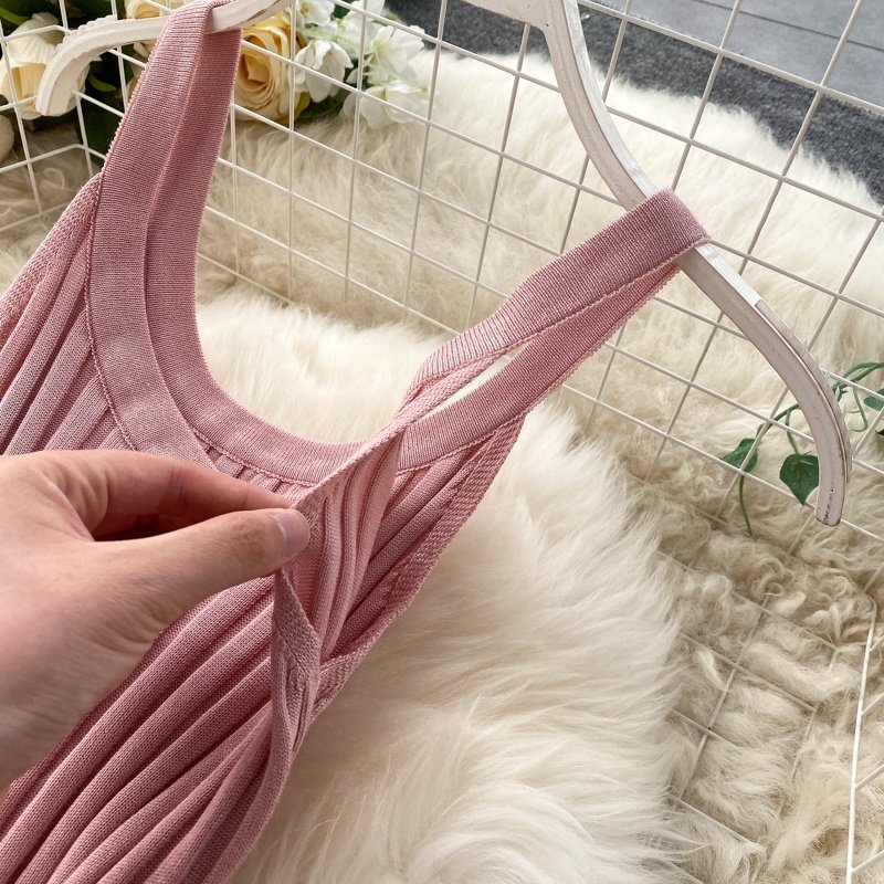 OEM Women Sweater Dresses Summer Spaghetti Strap Backless O Neck Back Split Knitted Midi Dresses Women