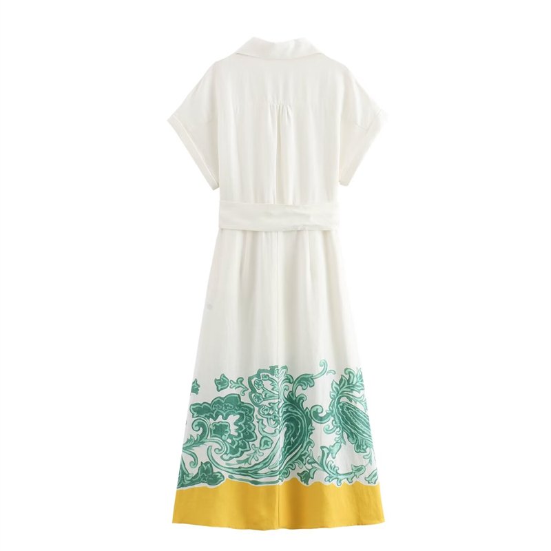ZATRHMBM Women 2024 Summer New Fashion With Belt Print Midi Dress Vintage V-Neck Button-up Female Dresses Vestidos Mujer