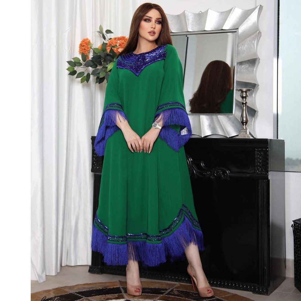 Wholesale New Design High Quality Green Middle East Tassel Long Casual Dresses For Muslim Women