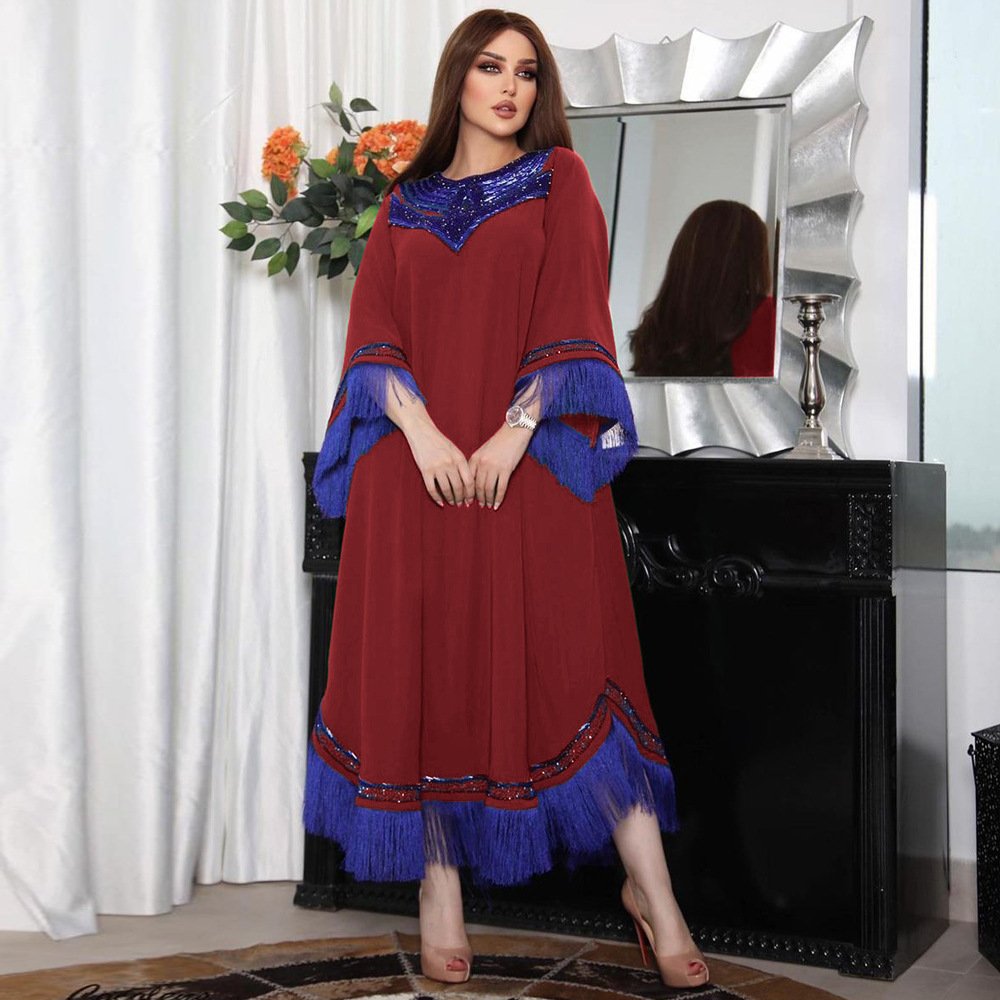 Wholesale New Design High Quality Green Middle East Tassel Long Casual Dresses For Muslim Women