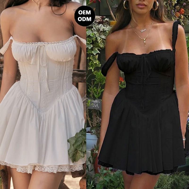 Custom Logo Sleeveless Mini Skirt Micro Short Lace Dress Women Sexy Casual Dresses