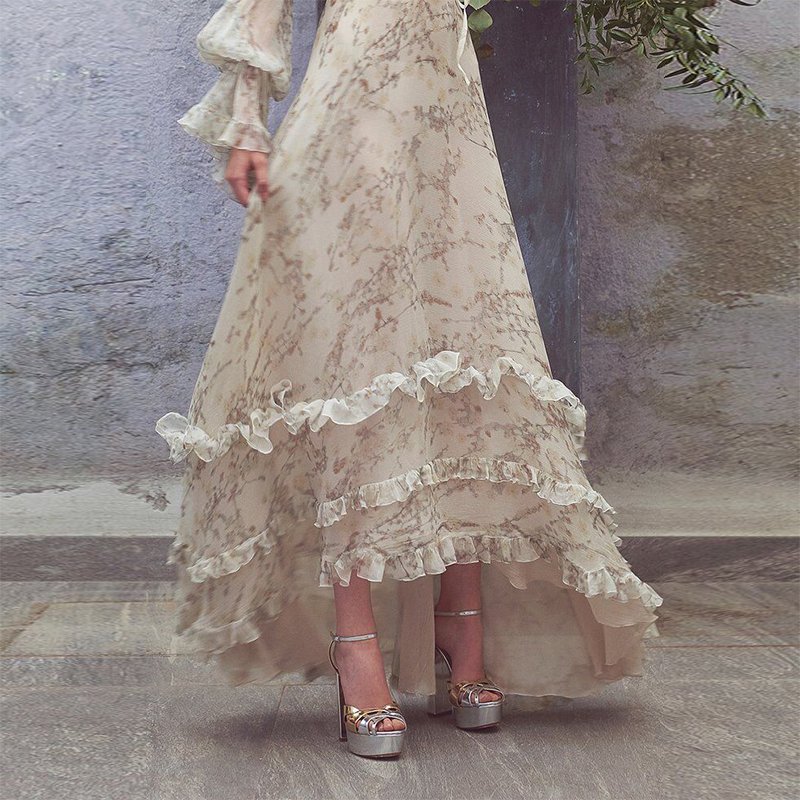 Custom princess women sweetie floral print maxi dress Low MOQ premium quality ruffle deep v-neck lady's dresses manufacturer