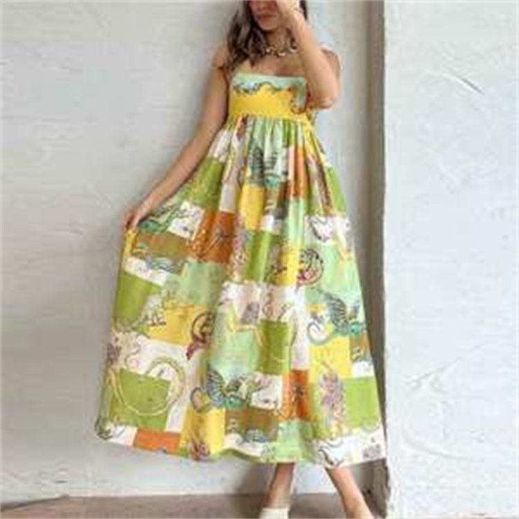 2024 Summer New SleevelessCollarlessHigh Waist PrintedColored Women's Wear Large Hem Hanging Strap Dress