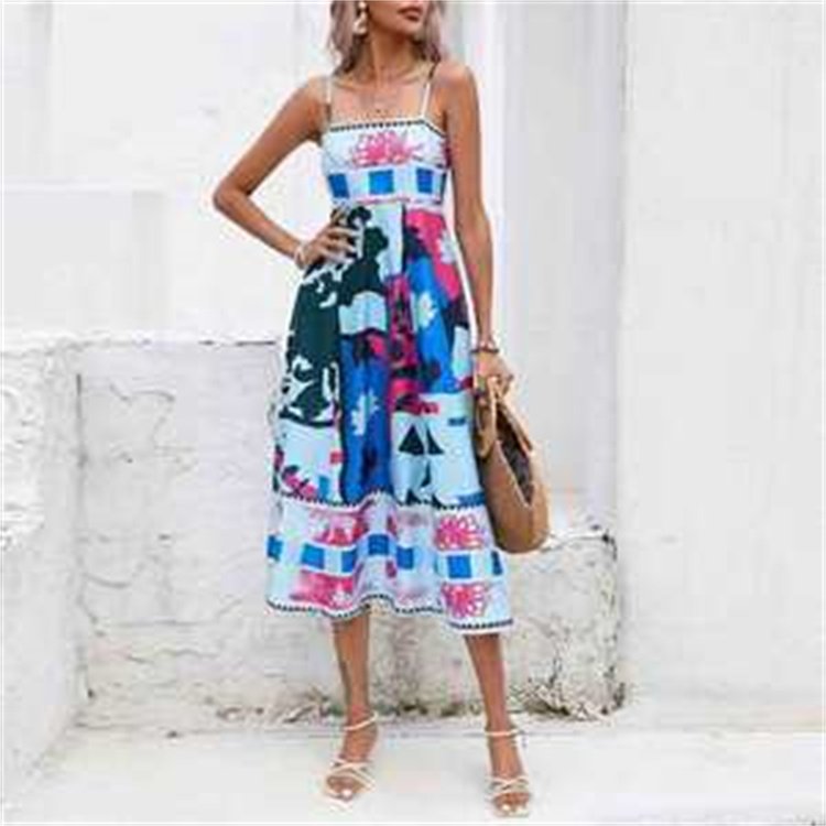 2024 Summer New SleevelessCollarlessHigh Waist PrintedColored Women's Wear Large Hem Hanging Strap Dress