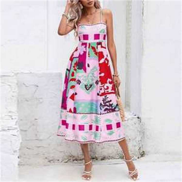 2024 Summer New SleevelessCollarlessHigh Waist PrintedColored Women's Wear Large Hem Hanging Strap Dress
