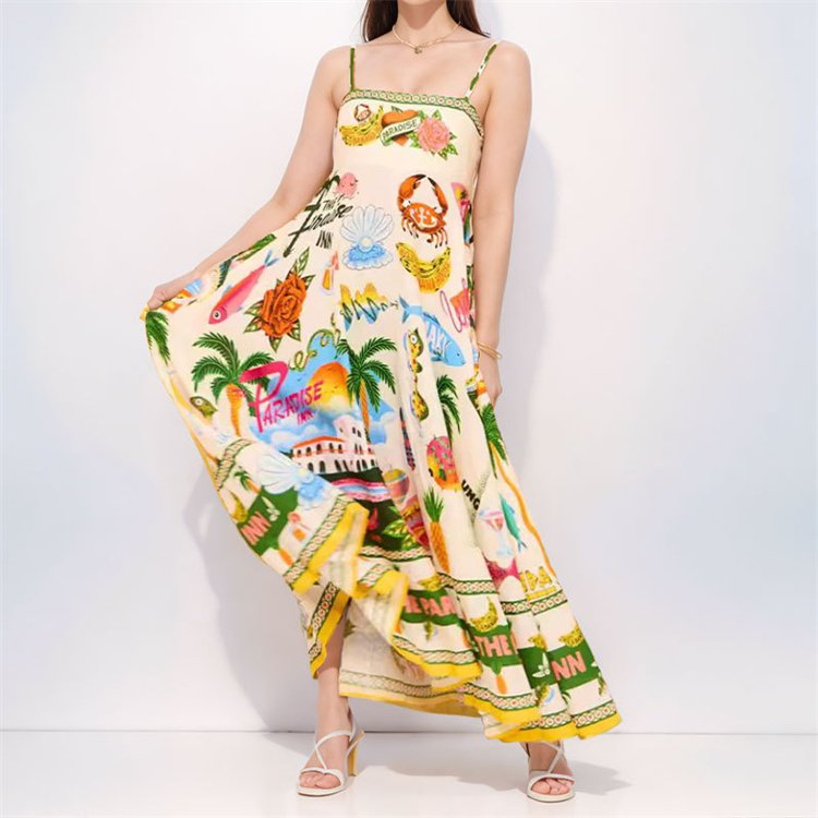 2024 Summer New SleevelessCollarlessHigh Waist PrintedColored Women's Wear Large Hem Hanging Strap Dress