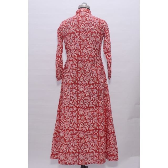 Hand Block Floral Light Weight Soft Cotton Dress Casual Summer Wear Cotton Printed Fabric Long Sleeves Party Wear Elegant Dress
