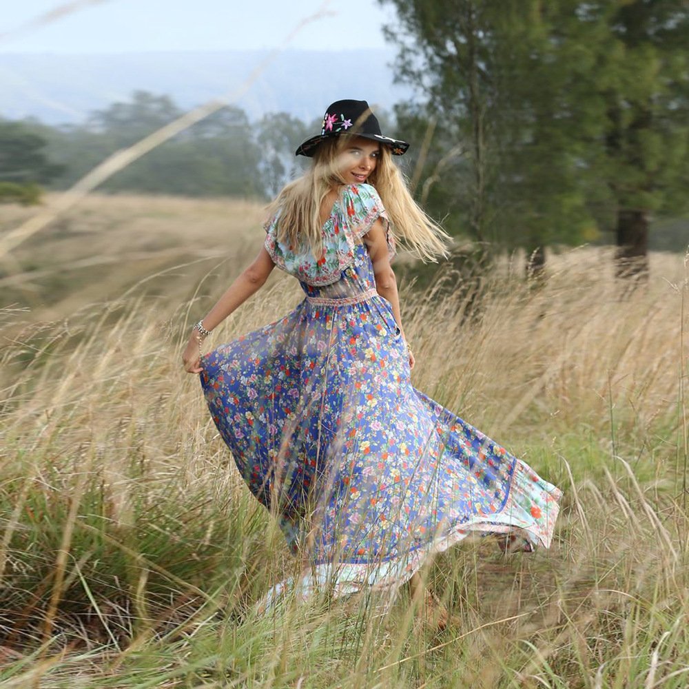 Summer Country Long Skirt Bohemian Beach Holiday Style Short-sleeved Pleated Print Dress