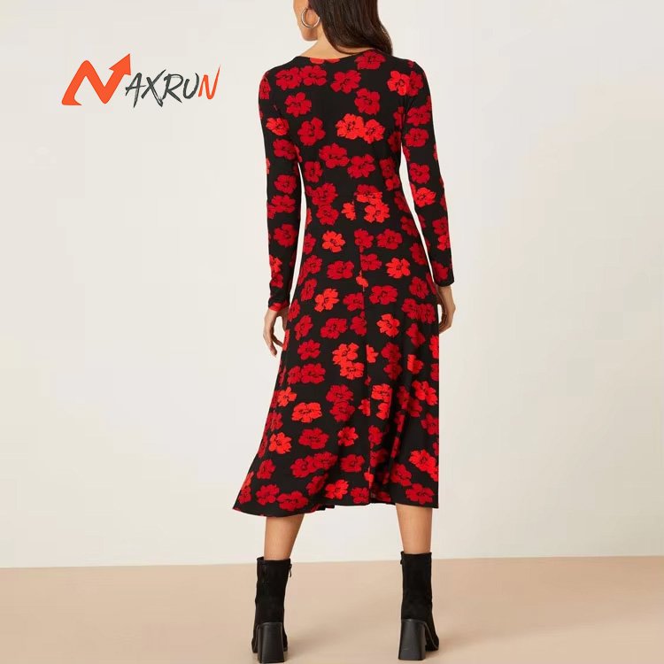 Black ladies v neck floral print dress custom printing long sleeve midi dresses women casual