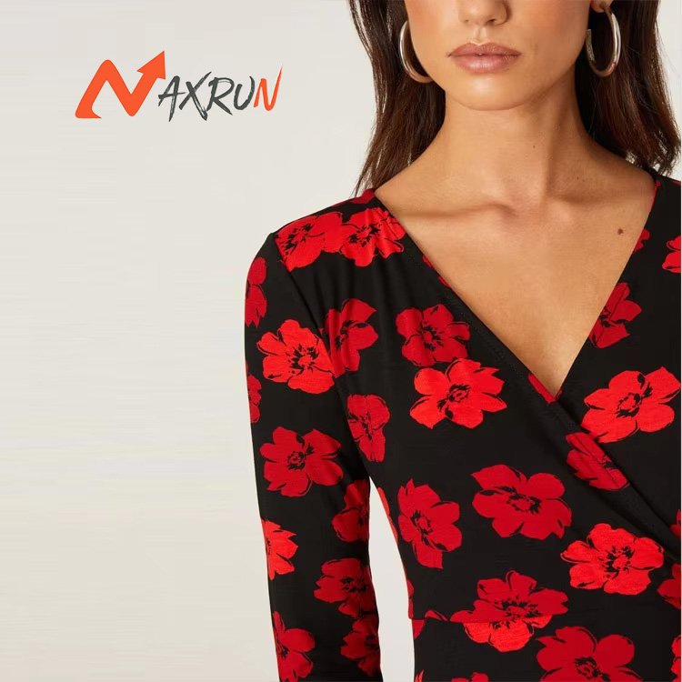 Black ladies v neck floral print dress custom printing long sleeve midi dresses women casual