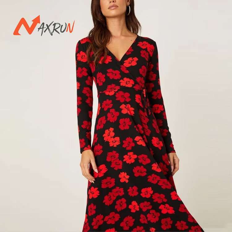 Black ladies v neck floral print dress custom printing long sleeve midi dresses women casual