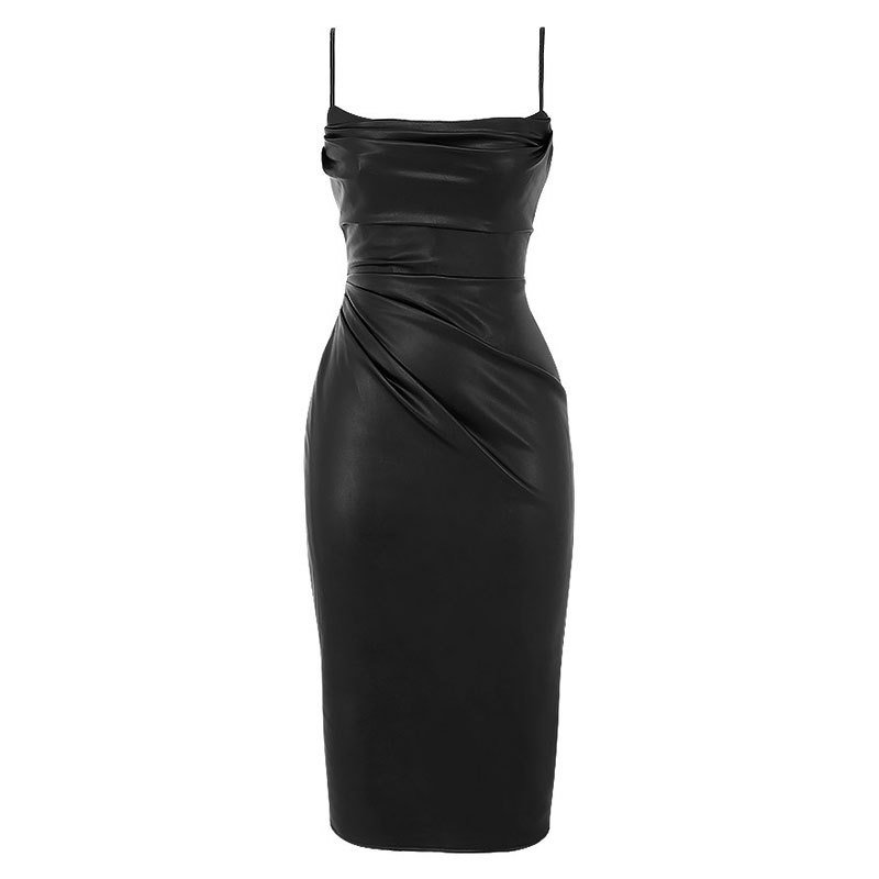 Europe And The United States Nightclub Sexy PU Leather Pleated Black Slip Dress With Hip Wrap