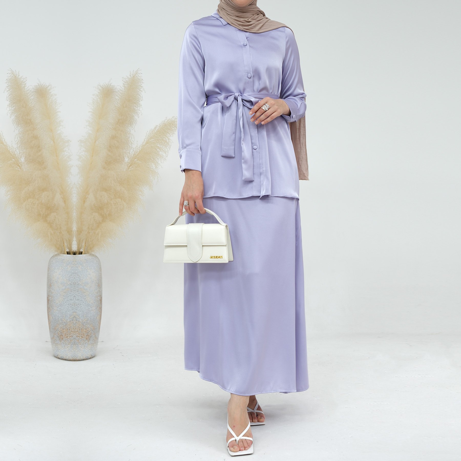 2023 Loriya Elegant Islamic Clothing Modest Dresses Abaya Muslim Women Satin Top and Skirt 2 Piece Abaya Set Casual Dresses