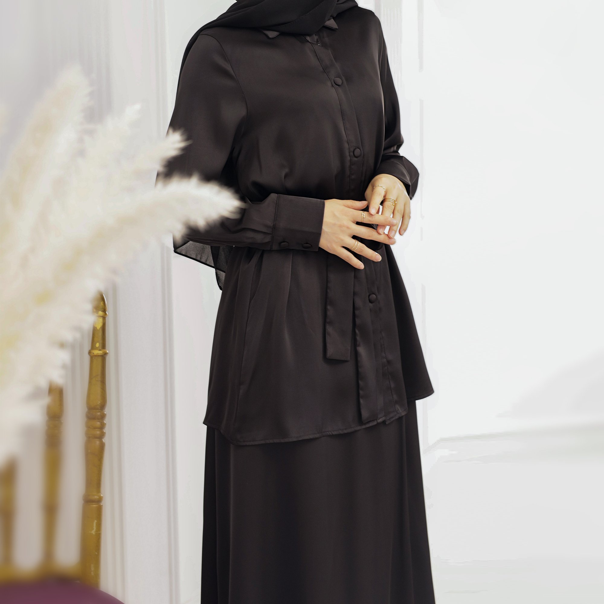 2023 Loriya Elegant Islamic Clothing Modest Dresses Abaya Muslim Women Satin Top and Skirt 2 Piece Abaya Set Casual Dresses
