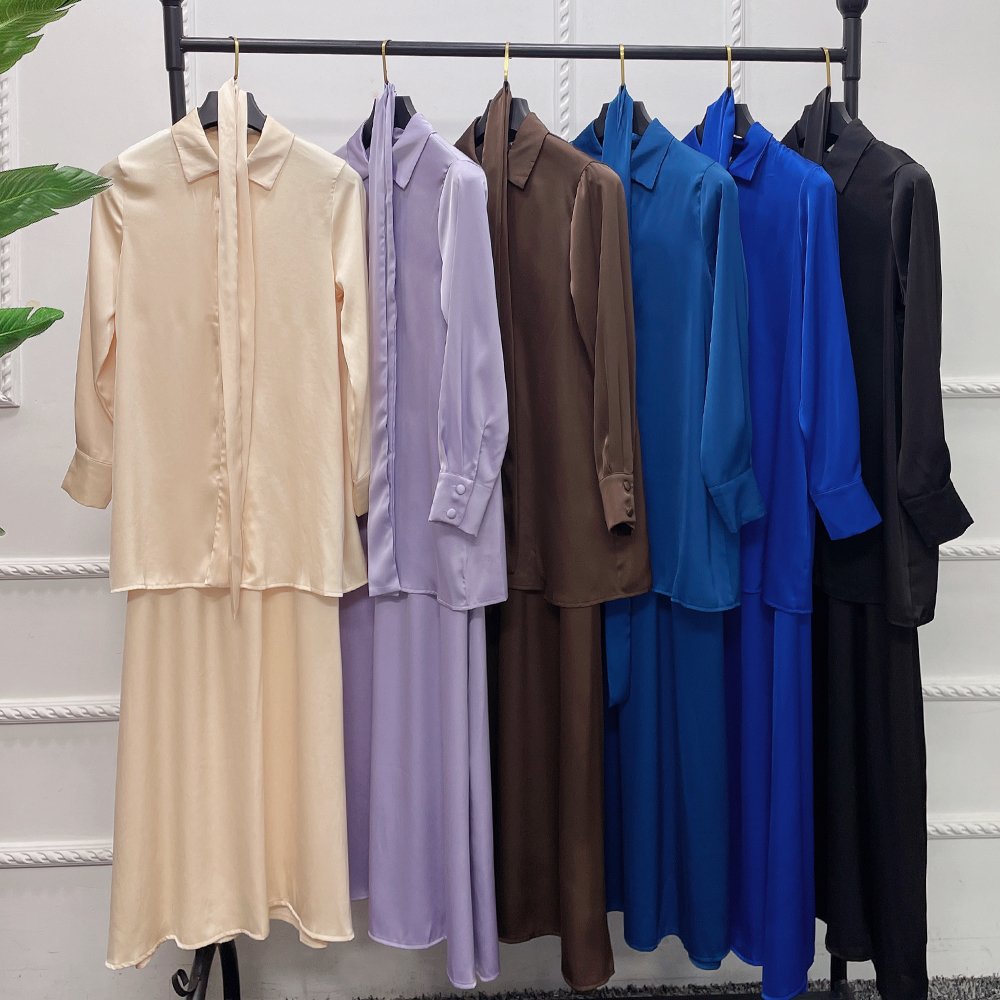 2023 Loriya Elegant Islamic Clothing Modest Dresses Abaya Muslim Women Satin Top and Skirt 2 Piece Abaya Set Casual Dresses