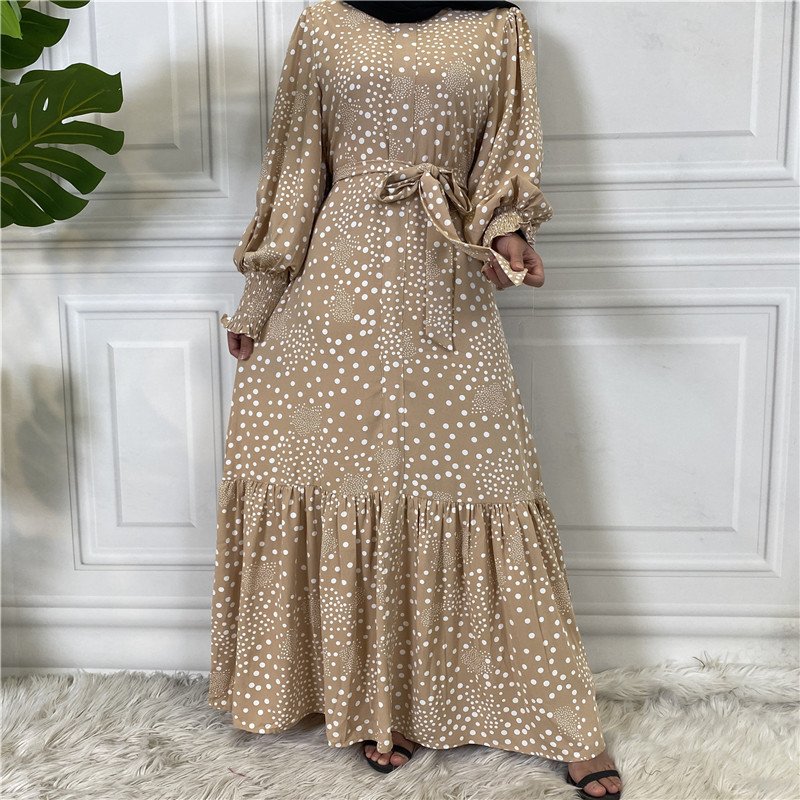 Netherlands Dotted Print Jubah Muslim Pria Large Hem Borkha Muslim Dress Ribbon Nida Long Sleeve Maxi Dress For Muslim Women