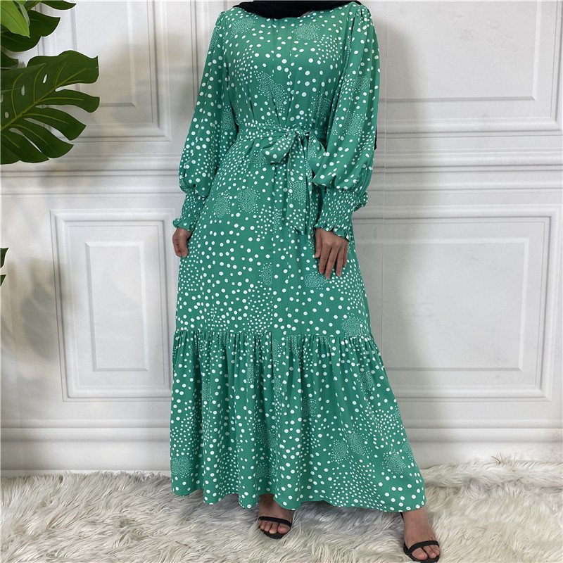 Netherlands Dotted Print Jubah Muslim Pria Large Hem Borkha Muslim Dress Ribbon Nida Long Sleeve Maxi Dress For Muslim Women