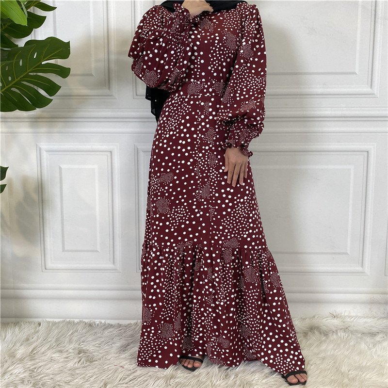 Netherlands Dotted Print Jubah Muslim Pria Large Hem Borkha Muslim Dress Ribbon Nida Long Sleeve Maxi Dress For Muslim Women