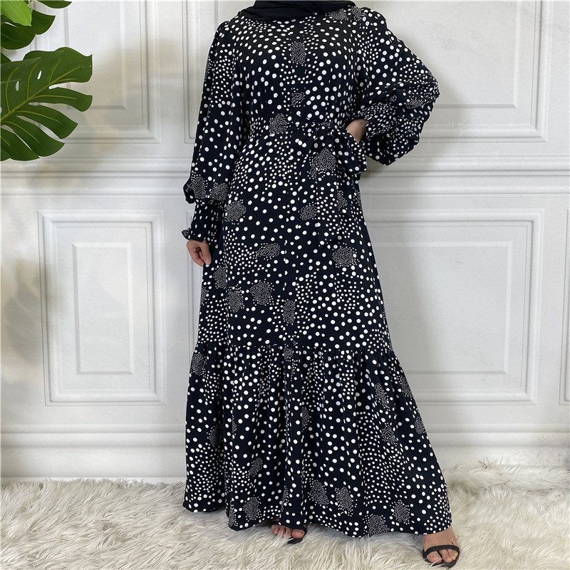 Netherlands Dotted Print Jubah Muslim Pria Large Hem Borkha Muslim Dress Ribbon Nida Long Sleeve Maxi Dress For Muslim Women