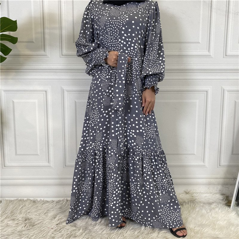 Netherlands Dotted Print Jubah Muslim Pria Large Hem Borkha Muslim Dress Ribbon Nida Long Sleeve Maxi Dress For Muslim Women