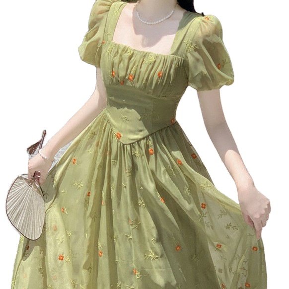 2024 New Summer Elegant French Goddess Style Slim Fit Green Floral Dress