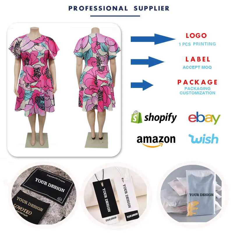 N7978 Latest Design Summer Dresses Women Casual Elegant Short Sleeve Slim Fit A-Line Printed Plus Size Dress For Women With Belt