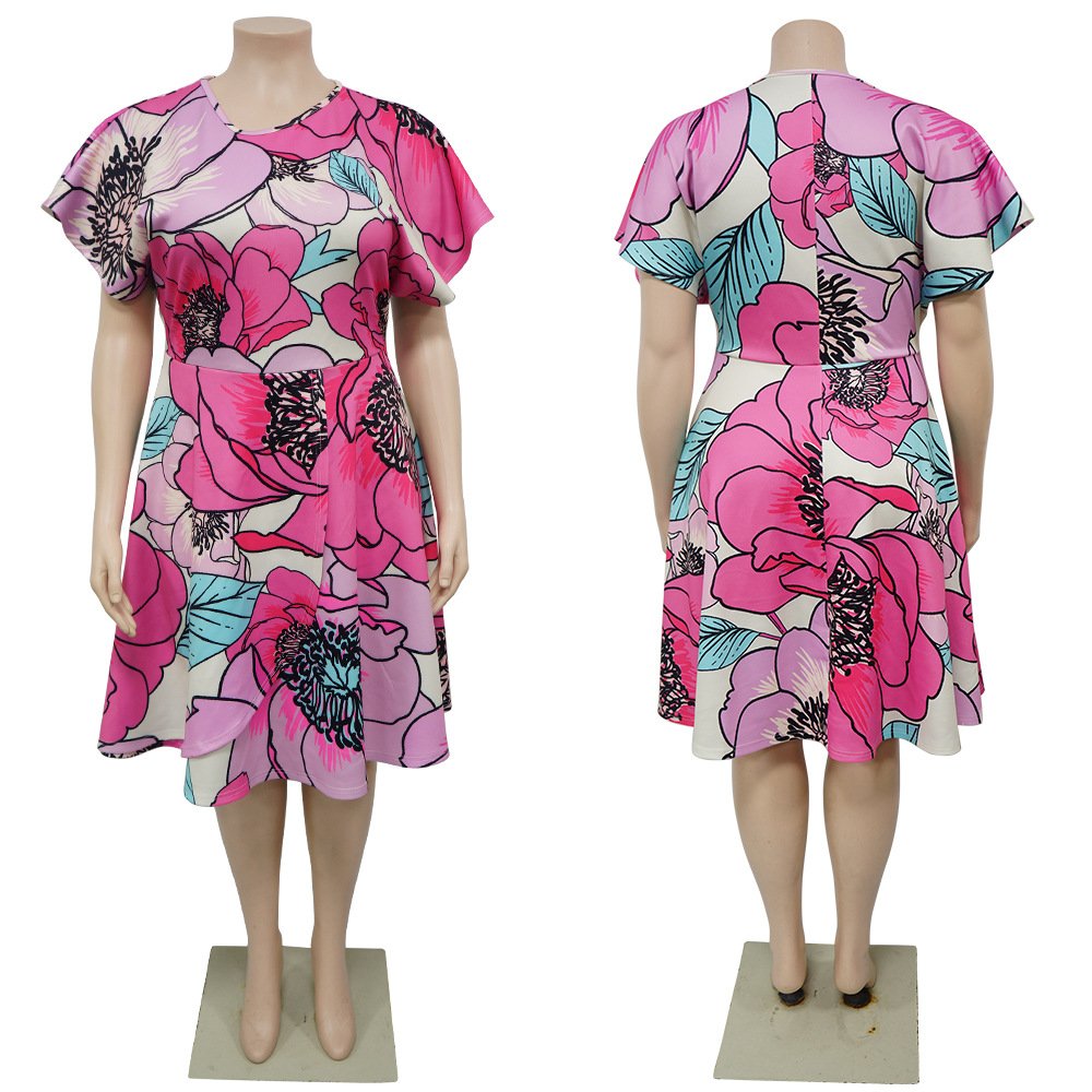 N7978 Latest Design Summer Dresses Women Casual Elegant Short Sleeve Slim Fit A-Line Printed Plus Size Dress For Women With Belt