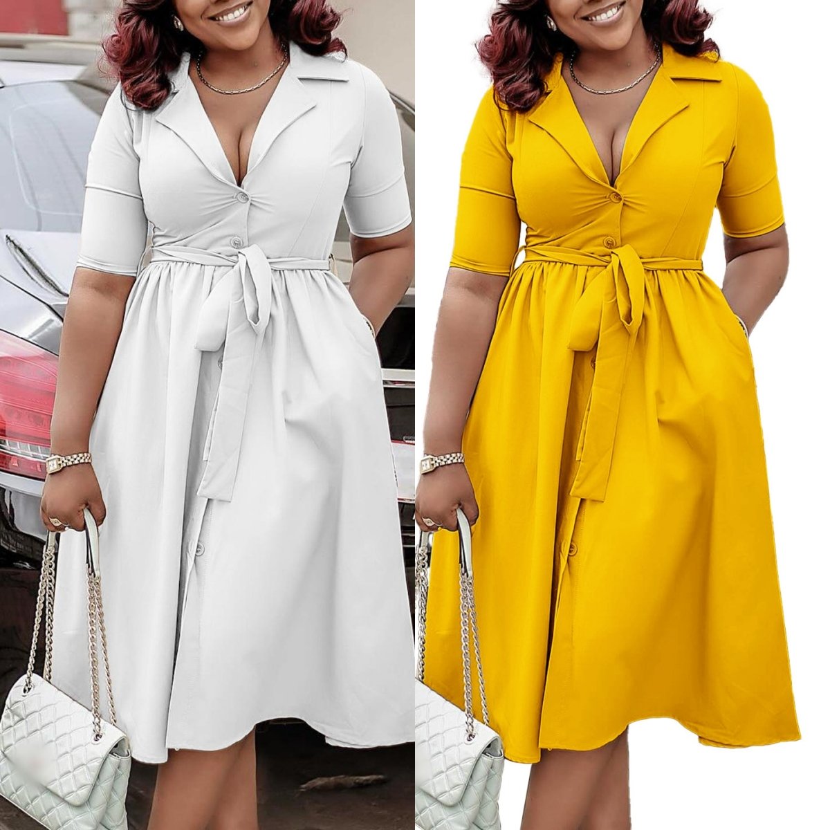 D517 High Quality Summer African Dress For Women Suit Collar Short Sleeve Solid Color A-line Elegant Casual Dresses