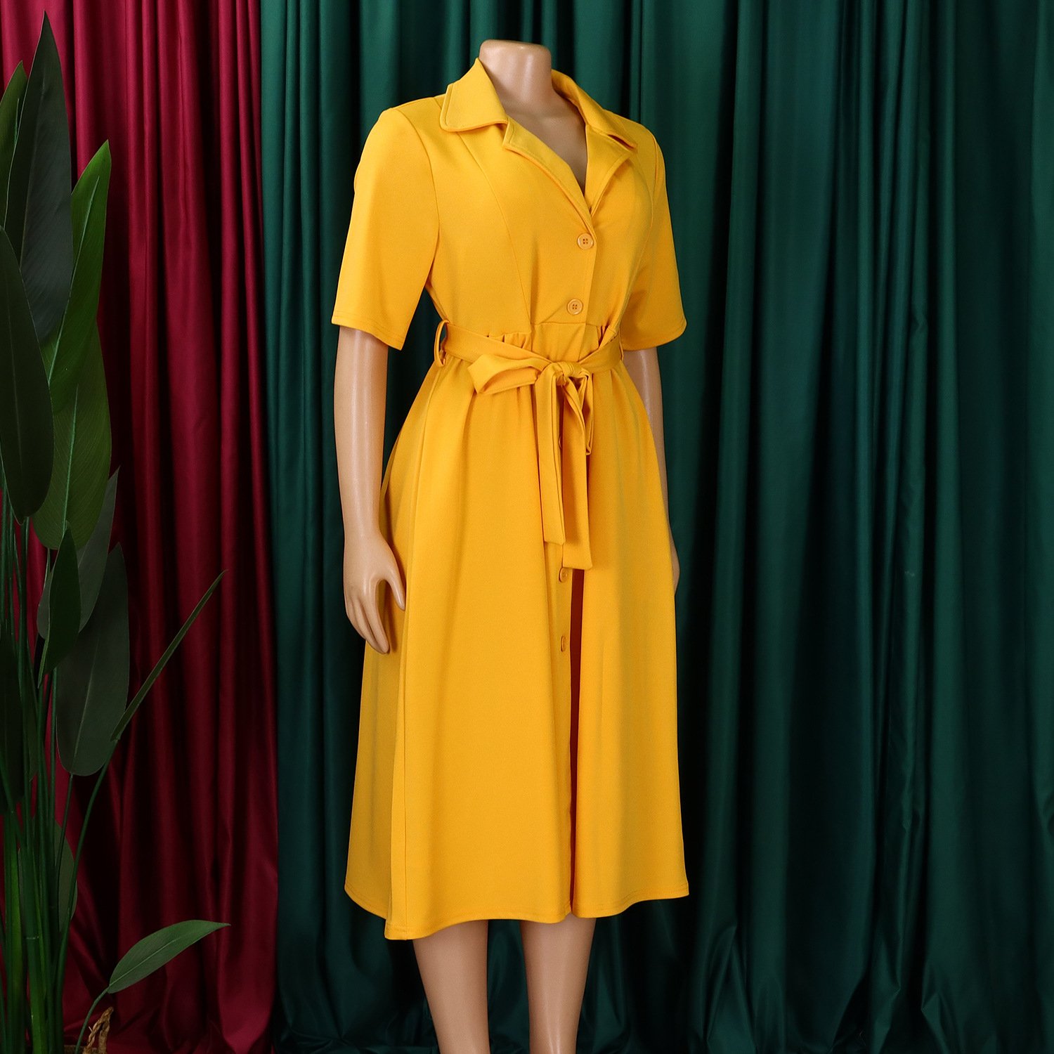 D517 High Quality Summer African Dress For Women Suit Collar Short Sleeve Solid Color A-line Elegant Casual Dresses