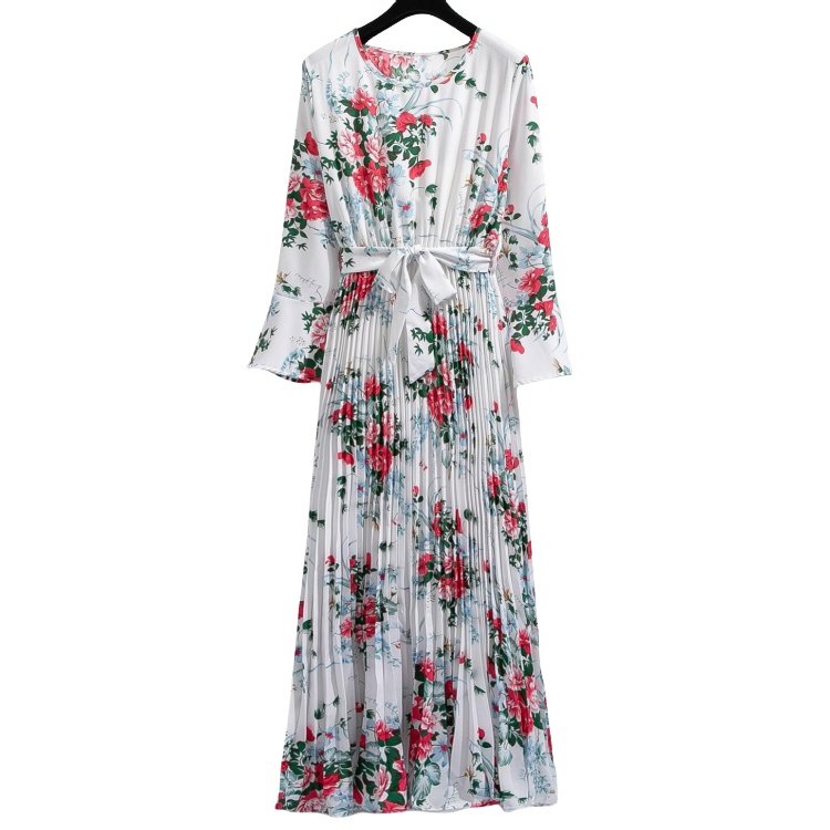 New floral bow round neck flared sleeves slim pleated dress abaya designs dubai Muslim casual dress