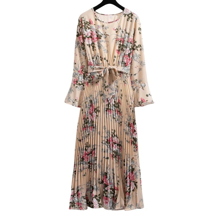 New floral bow round neck flared sleeves slim pleated dress abaya designs dubai Muslim casual dress