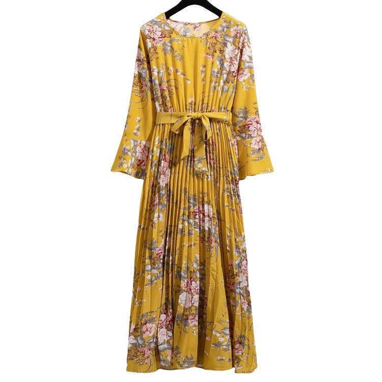 New floral bow round neck flared sleeves slim pleated dress abaya designs dubai Muslim casual dress