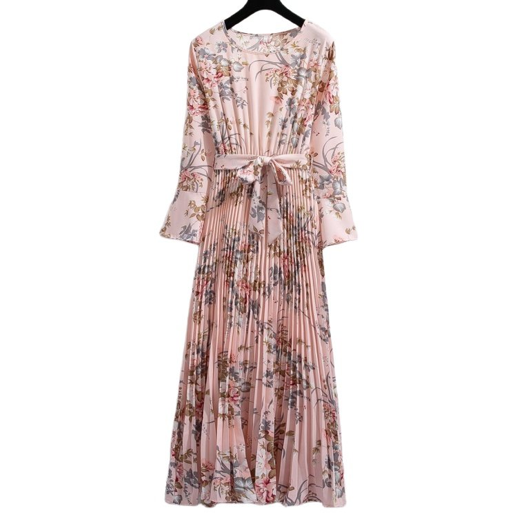 New floral bow round neck flared sleeves slim pleated dress abaya designs dubai Muslim casual dress