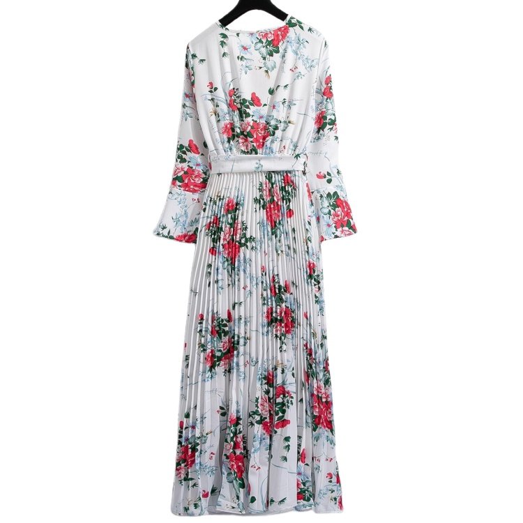 New floral bow round neck flared sleeves slim pleated dress abaya designs dubai Muslim casual dress