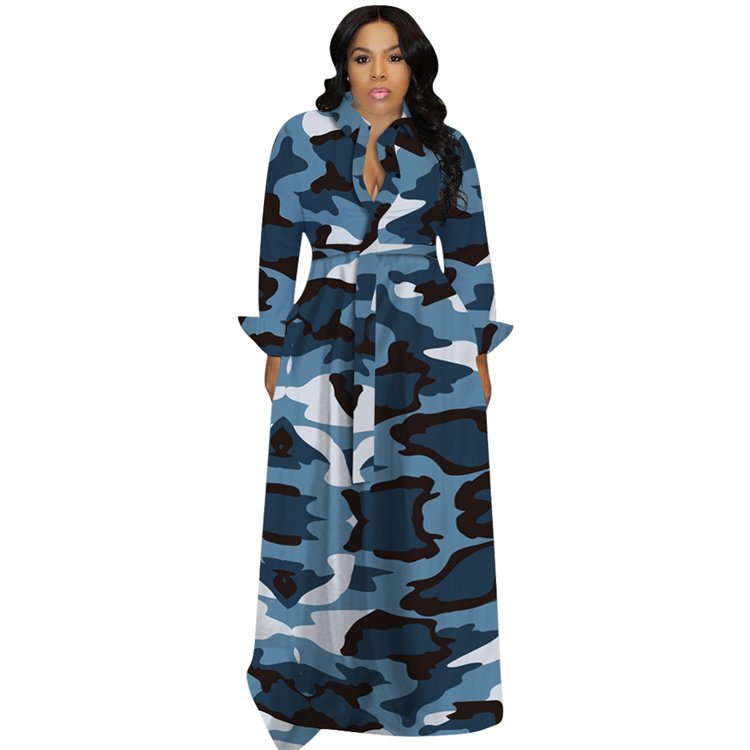 Plus Size Women Clothing Fall Winter Maxi Dresses Camouflage Long Shirt Elegant Women Casual Dress Long Dresses